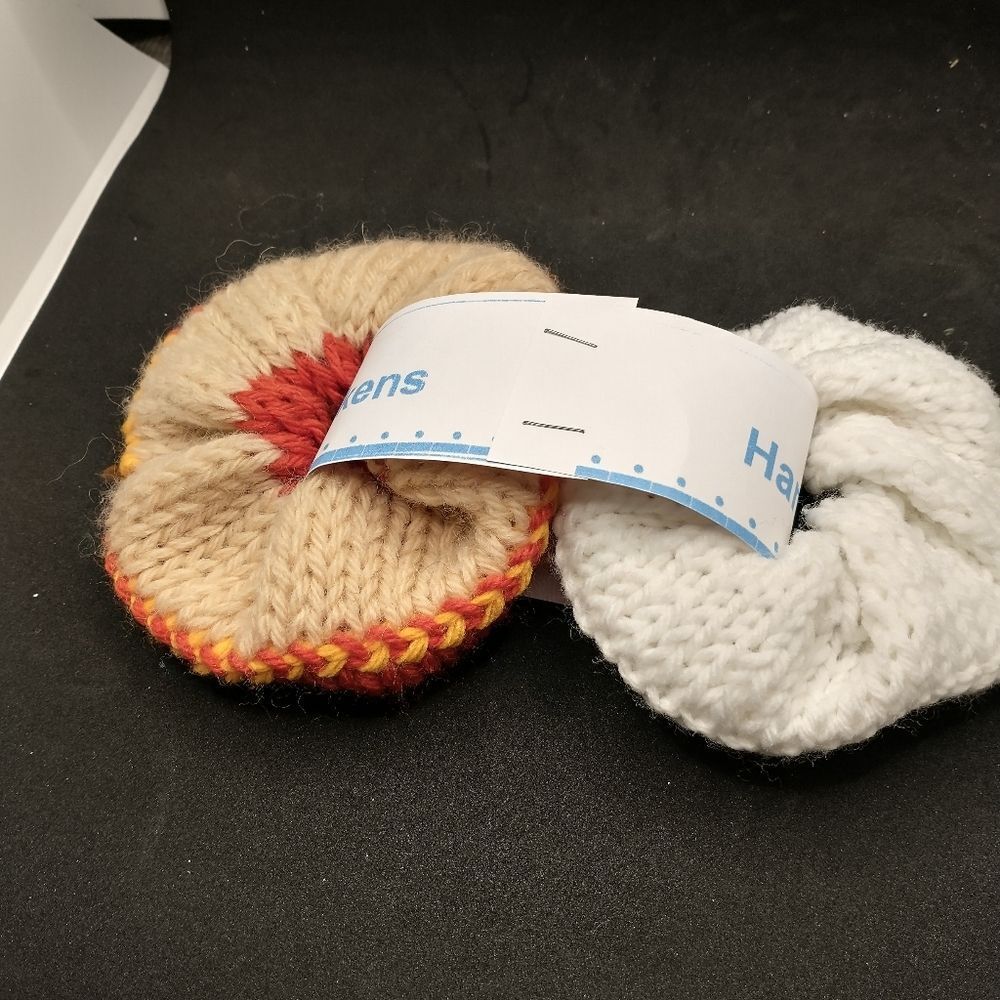 Hand Crafted Knit Scrunchies Orange White Jumbo Hair Band Accessory Set of 2